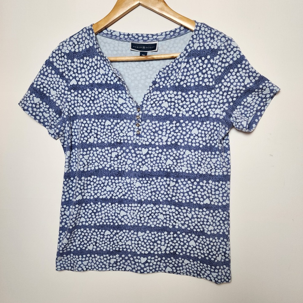 Karen Scott Heart Dot Stripe Print Blue White Henley V-Neck Top Size Medium PM